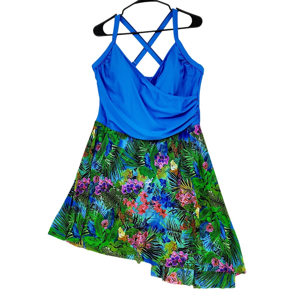 Carol Wior Swimdress 18W One Piece Blue Tropical Floral Slimming Swimsuit USA
